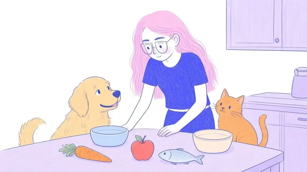 Ilustración de dos cuencos de comida para perro y gato junto a frutas y verduras, con el golden y el gato mirando a su dueña