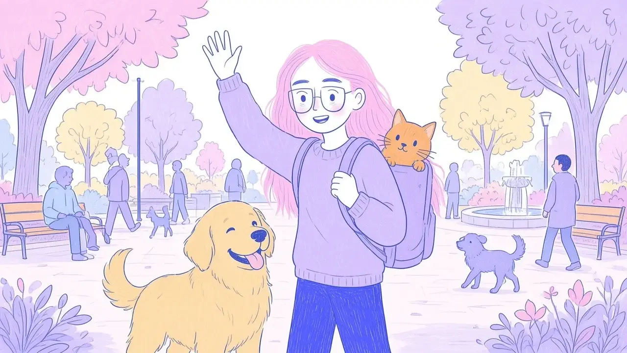 Ilustración de una plaza comunitaria con una mujer de pelo rosa saludando a vecinos con sus perros, junto a su golden retriever y su gato en mochila