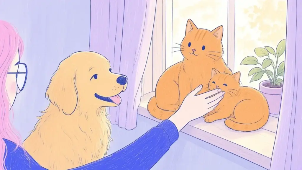 Ilustración de un gato naranja y un gatito en el alféizar de una ventana mientras una mano lo acaricia