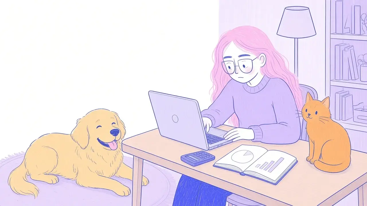 Ilustración de una mujer de pelo rosa con portátil y libreta, con un golden retriever a sus pies y un gato naranja sobre la mesa