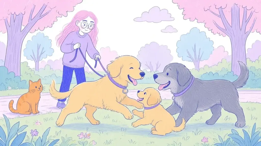 Ilustración de tres perros de distintas edades jugando en un parque con una mujer de pelo rosa al fondo