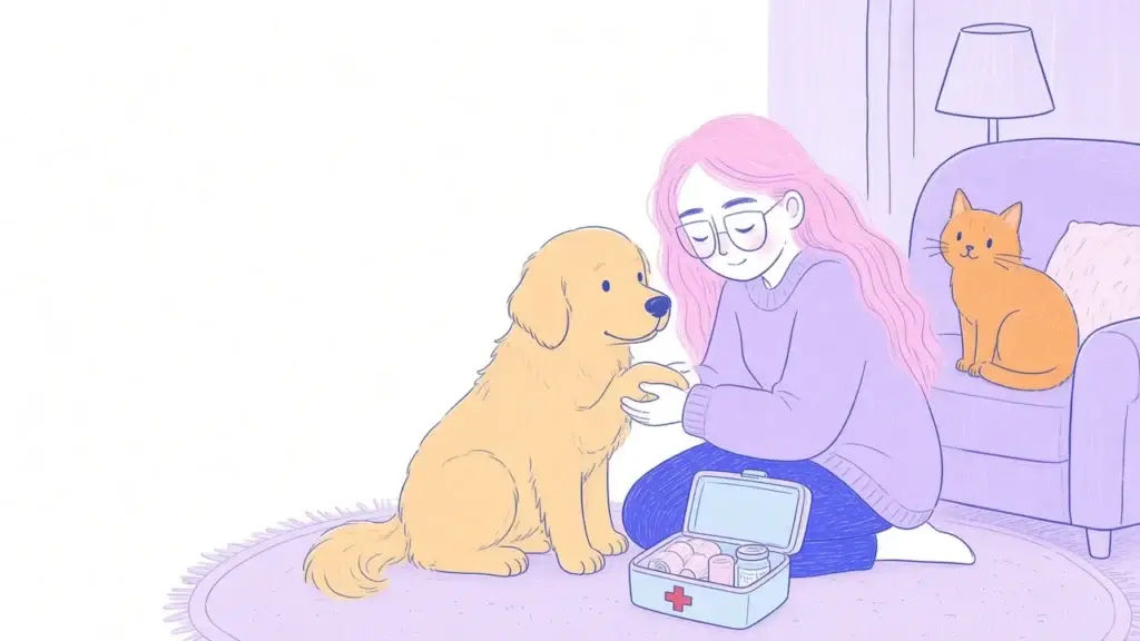 Ilustración de un botiquín de primeros auxilios para mascotas y una mujer sosteniendo con cuidado la pata de un golden retriever
