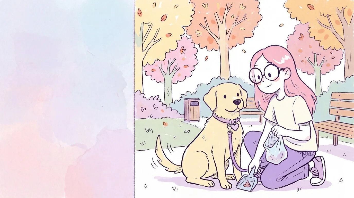 Ilustración: mila pasea a Térra con correa y recoge sus desechos con una bolsa en un parque limpio, con collar y placa visibles