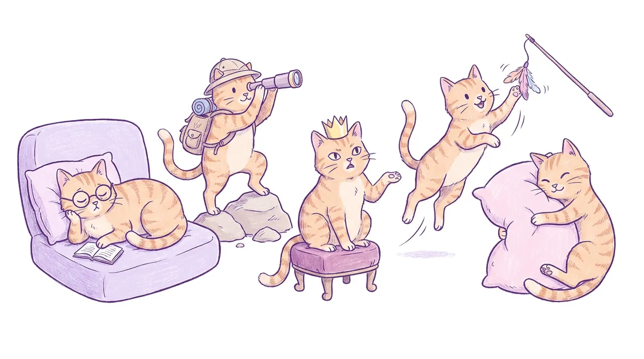 Ilustración de un gato naranja con distintas expresiones alrededor, como si mostrara varias personalidades, junto a su dueña de pelo rosa