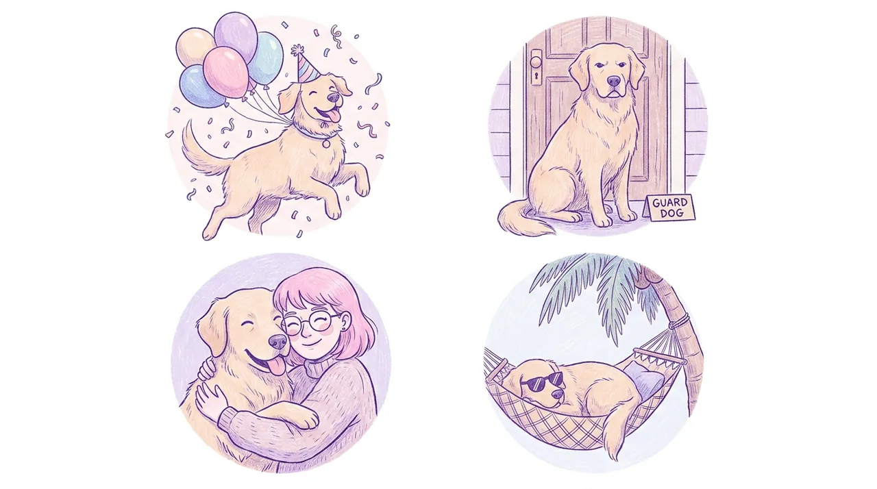 Ilustración de un golden retriever con distintas expresiones a su alrededor, mostrando varias personalidades, junto a su dueña de pelo rosa