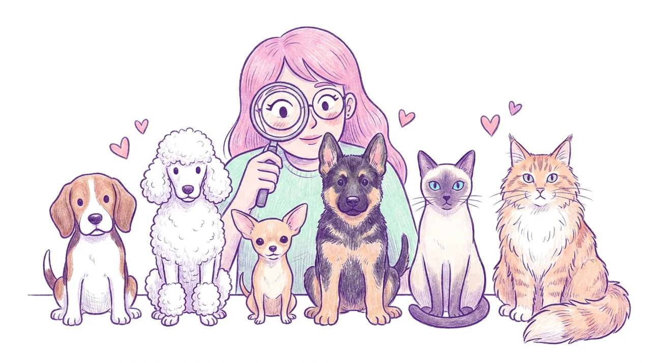 Ilustración de una familia con varios perros de distintas razas y un gato, eligiendo cuál encaja con su estilo de vida