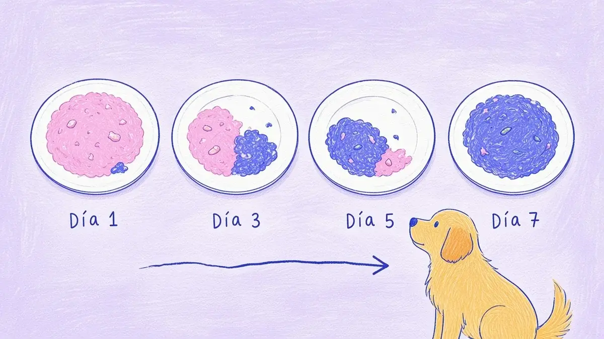 Infografía ilustrada con cuatro platos que muestran la mezcla creciente de alimento nuevo con el anterior