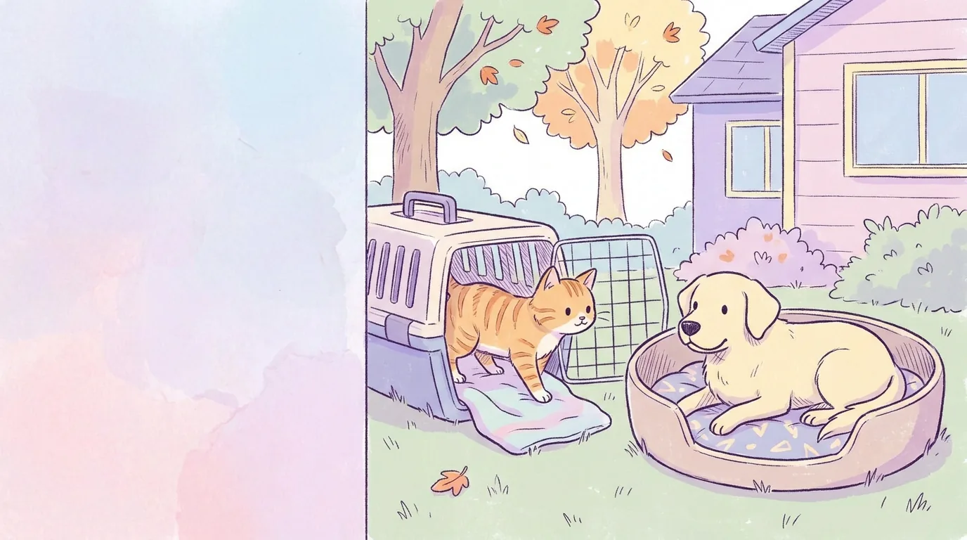 Ilustración: gato naranja entra curioso a una transportadora con una manta dentro, junto a una cama para perros donde descansa Térra