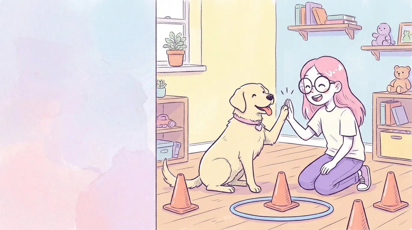 Ilustración: térra choca la pata con Mila en una sala alegre, con conos y un aro en el suelo para practicar trucos