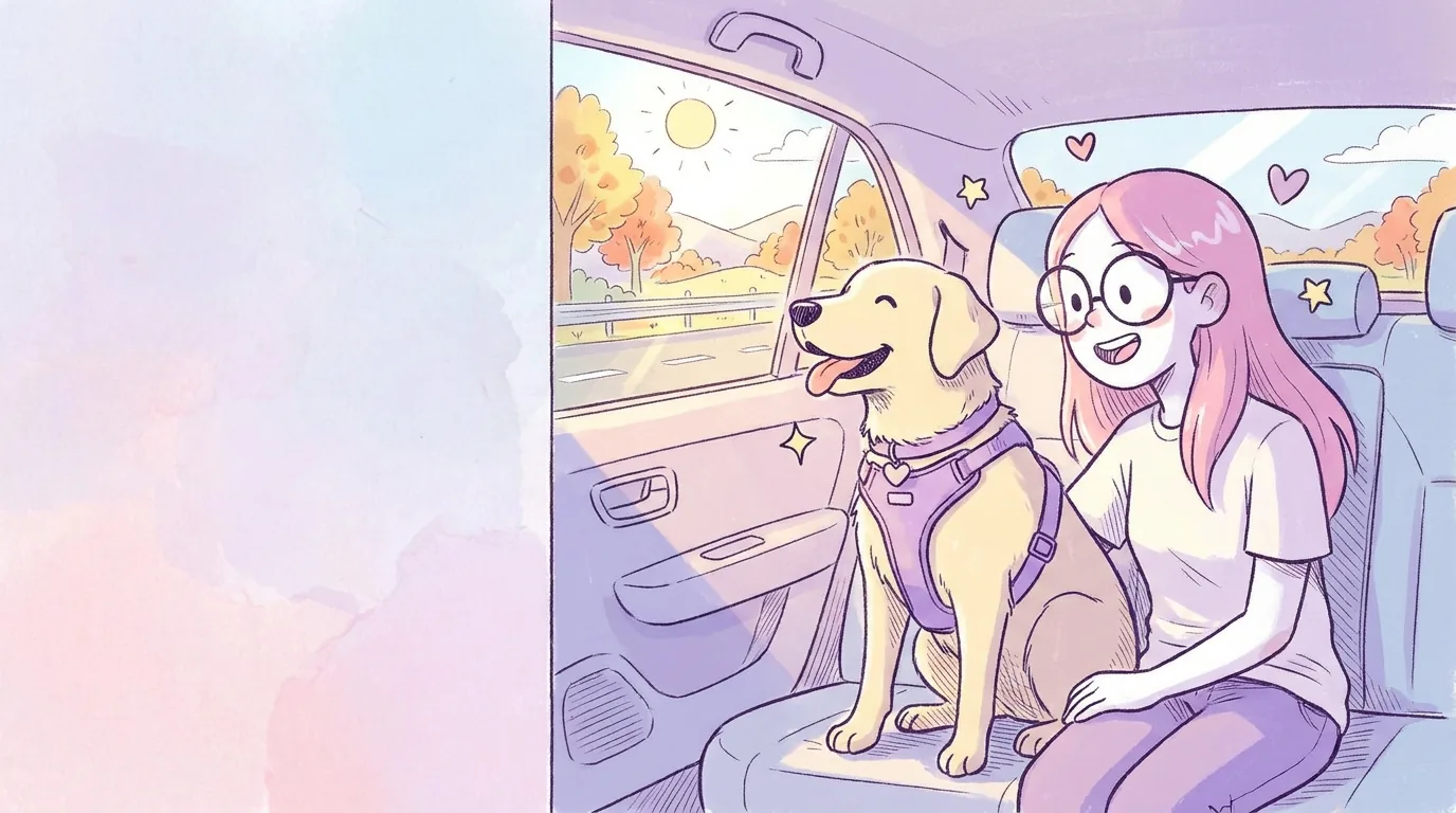 Ilustración: térra con arnés de seguridad en el asiento trasero de un auto, mirando por la ventana, Mila a su lado en carretera soleada