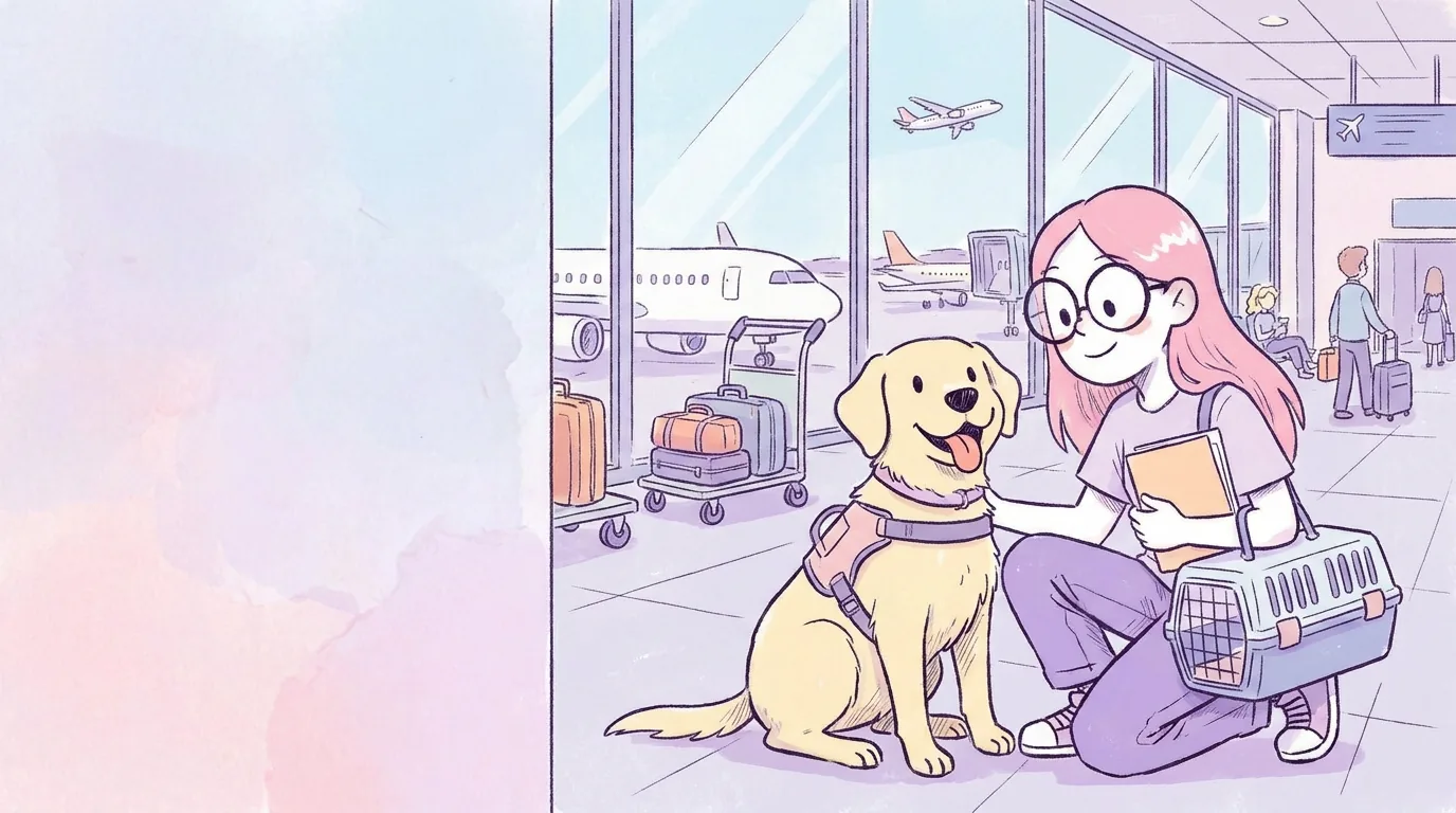 Ilustración: mila en un aeropuerto con una transportadora y una carpeta de documentos sin texto, Térra a su lado con arnés