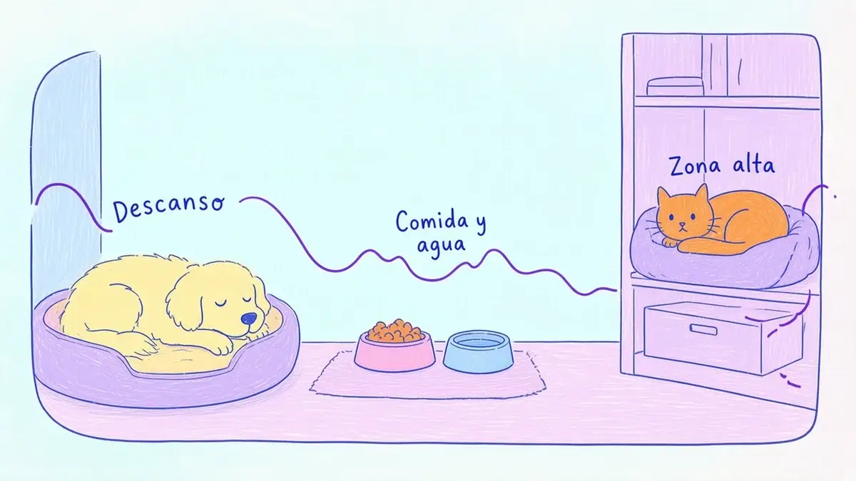 Infografía ilustrada con tres espacios del hogar: descanso, comida y zona alta
