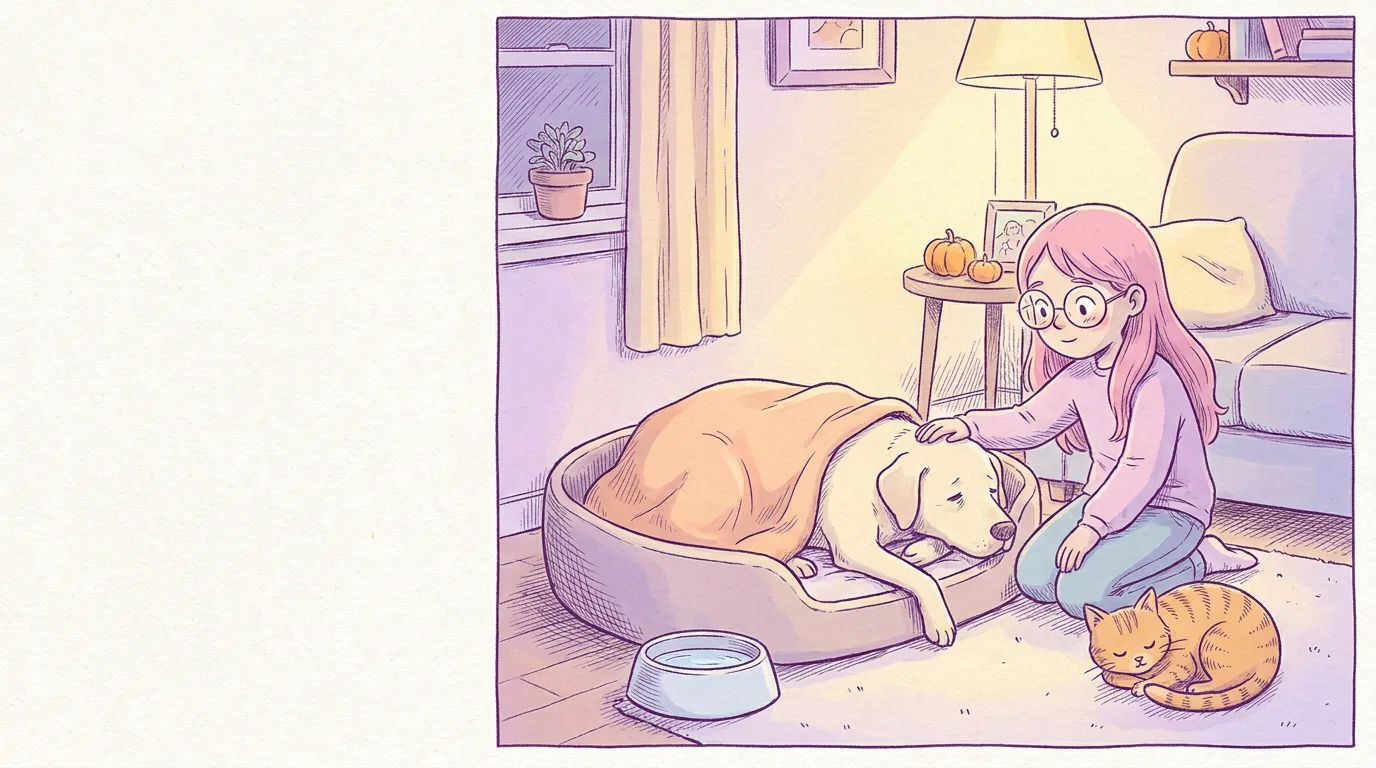 Ilustración: mila acaricia a Térra que descansa decaída en su cama con una manta, junto a un tazón de agua fresca; ambiente cálido y tranquilo